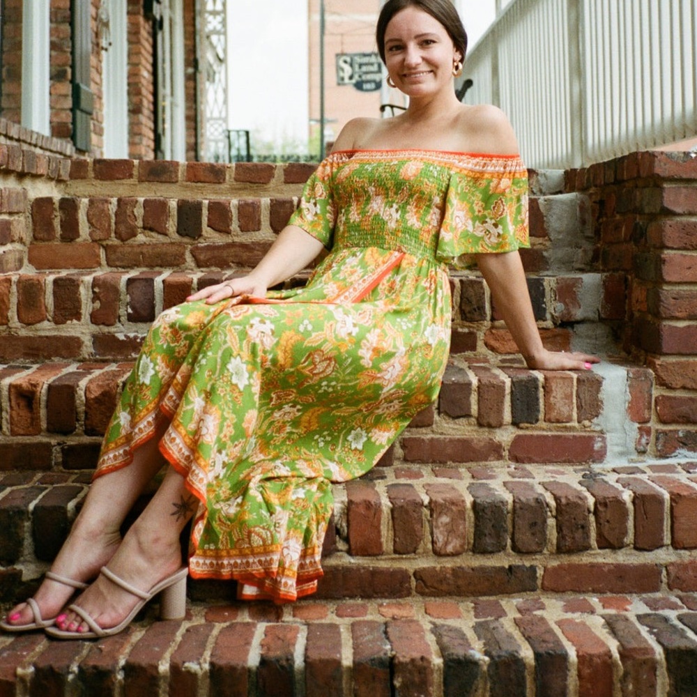 Off Shoulder Tropical Print Floral Smocked Maxi Dress - Picture 1 of 8